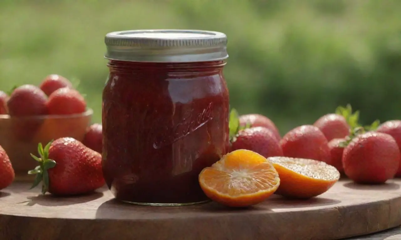 Una jarra de albahaca llena de frutos rojos descansando sobre madera