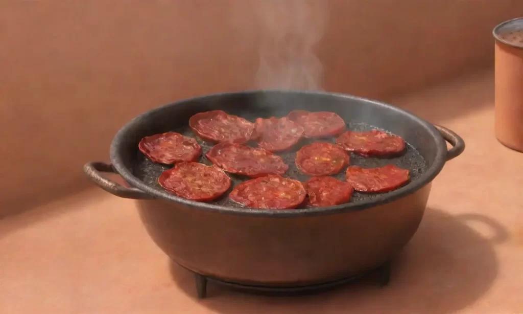Los tomates secos se cuajan en una olla de cobre en una estufa de hierro fundido